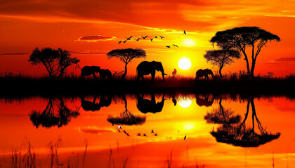 Fototapeta na wymiar Against a vibrant orange sunset on the African savannah, the silhouettes of elephants and trees are beautifully reflected on the water's surface, with birds flying overhead