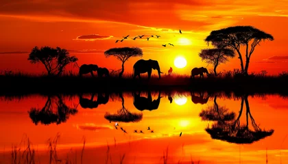 Keuken foto achterwand Against a vibrant orange sunset on the African savannah, the silhouettes of elephants and trees are beautifully reflected on the water's surface, with birds flying overhead © Seasonal Wilderness