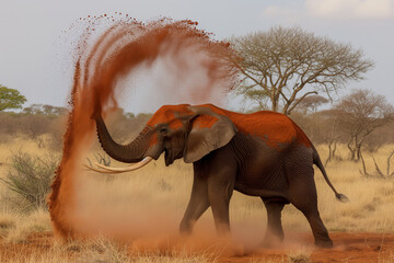 An African elephant is captured tossing a cloud of red dust over its back with its trunk