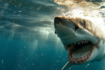 An underwater close-up of a menacing shark with an open mouth full of sharp teeth, as sunlight...