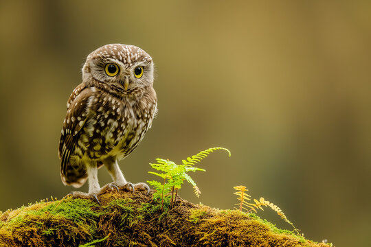 A small, spotted brown owl with large yellow eyes perches attentively on a moss-covered mound among green ferns, exuding curiosity and alertness in its natural habitat