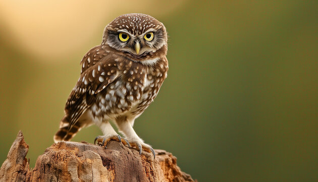 A small brown owl with spotted feathers and piercing eyes stands alert on a wooden perch, its intense gaze focused on the surroundings