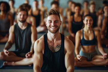 A man with a tattoo on his chest sits in front of a group of people doing yoga - obrazy, fototapety, plakaty