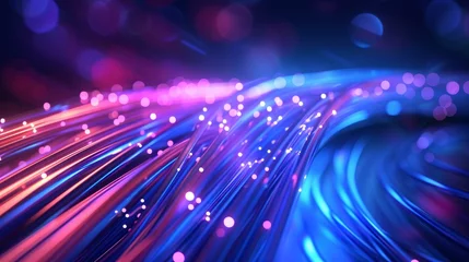 Foto op Aluminium Fiber optic cable technology vector design of internet, network, speed data connection and telecommunication. Multi fiber wire with cores in color jackets and blue neon lines, communication networking © Orxan