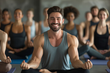A man sits in a lotus position in front of a group of people - obrazy, fototapety, plakaty