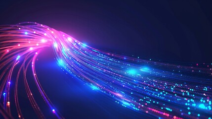 Fiber optic cable technology vector design of internet, network, speed data connection and telecommunication. Multi fiber wire with cores in color jackets and blue neon lines, communication networking - obrazy, fototapety, plakaty