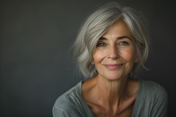 portrait of a senior woman with grey hair smiling   - obrazy, fototapety, plakaty