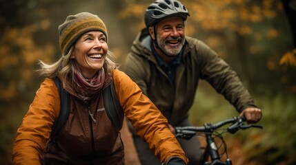 Fototapeta premium Happy couple riding bicycles in nature