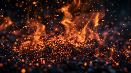 Fototapeta na wymiar Fire embers particles over black background. Fire sparks background. Abstract dark glitter fire particles lights. bonfire in motion blur