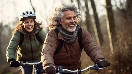 Obraz premium Happy couple riding bicycles in nature