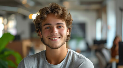 Fototapeta premium young handsome man with blue eyes on the background of a modern IT office, worker, programmer, professional, designer, guy, boy, portrait, smile, space for text, coworking, open space, people, person