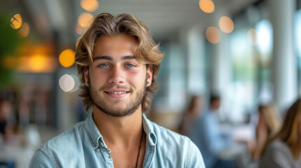 young handsome man with blue eyes on the background of a modern IT office, worker, programmer, professional, designer, guy, boy, portrait, smile, space for text, coworking, open space, people, person