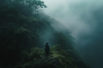 person in the foggy forest