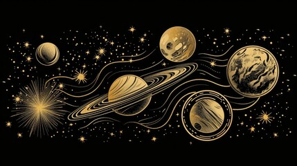 Golden celestial planets, solar system, galaxy and stars. Hand drawn mystical vector illustration isolated on black background for poster, card, t-shirt design