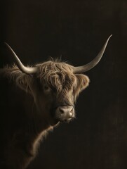Fine art scottisch hightlander cow with a black background low key animal africa photo