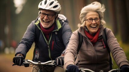 Obraz premium Happy couple riding bicycles in nature