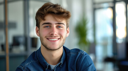 Obraz premium young handsome man with blue eyes on the background of a modern IT office, worker, programmer, professional, designer, guy, boy, portrait, smile, space for text, coworking, open space, people, person