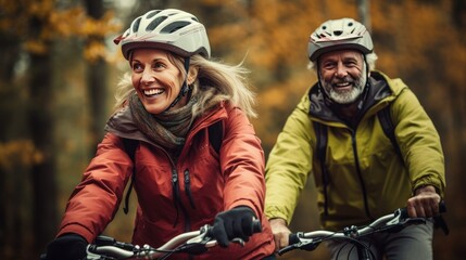 Happy couple riding bicycles in nature - obrazy, fototapety, plakaty