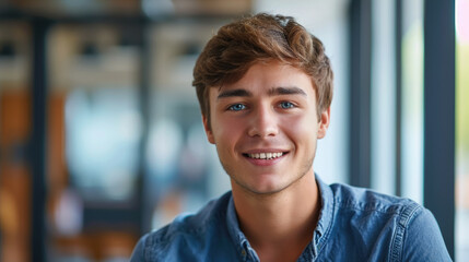 young handsome man with blue eyes on the background of a modern IT office, worker, programmer, professional, designer, guy, boy, portrait, smile, space for text, coworking, open space, people, person
