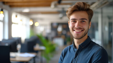 Obraz premium young handsome man with blue eyes on the background of a modern IT office, worker, programmer, professional, designer, guy, boy, portrait, smile, space for text, coworking, open space, people, person