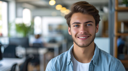 Fototapeta premium young handsome man with blue eyes on the background of a modern IT office, worker, programmer, professional, designer, guy, boy, portrait, smile, space for text, coworking, open space, people, person