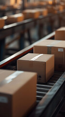 shipping boxes on conveyor belt in a warehouse 