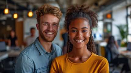 blue-eyed smiling young european white man and African American woman, colleagues against the background of a modern IT company office, business people, manager, professional, working,  entrepreneur