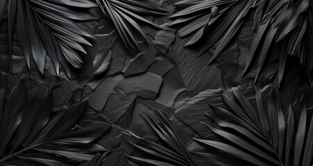 Black Palm leaves on dark stone. Black rock stones and dark fern leaf. Abstract geometric products presentation backdrop. Flat lay, dark nature concept, Luxury background