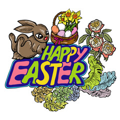 Easter bunny with basket, eggs, flowers and butterfly. Decorative design composition for poster print, greeting card, kids party invitation. Hand drawn illustration. Vintage cartoon style drawing.