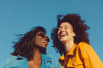 two women laughing together standing on blue background