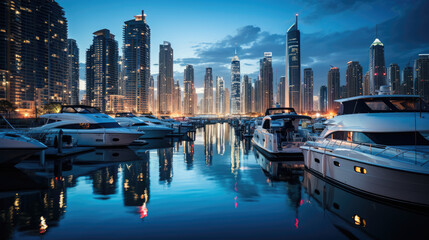 Dubai's Stunning Skyline Illuminated Against Evening Traffic: Experience the Vibrancy of City Life  - obrazy, fototapety, plakaty