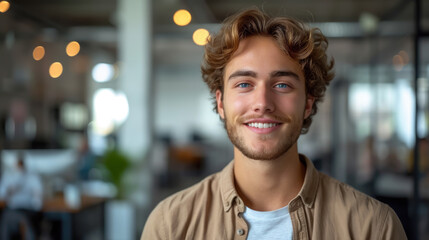 Fototapeta premium young handsome man with blue eyes on the background of a modern IT office, worker, programmer, professional, designer, guy, boy, portrait, smile, space for text, coworking, open space, people, person
