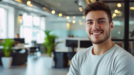 Fototapeta premium young handsome man with blue eyes on the background of a modern IT office, worker, programmer, professional, designer, guy, boy, portrait, smile, space for text, coworking, open space, people, person