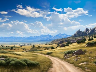 Naklejka premium A road that cuts through a majestic landscape of mountains and steppe