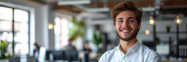 young handsome man with blue eyes on the background of a modern IT office, worker, programmer, professional, designer, guy, boy, portrait, smile, space for text, coworking, open space, people, person - obrazy, fototapety, plakaty