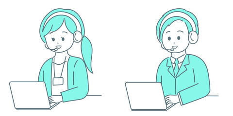 テレオペレーターの男女がインカムで話しているイラスト