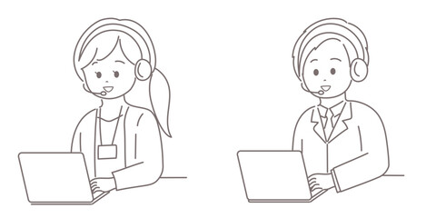 テレオペレーターの男女がインカムで話しているイラスト