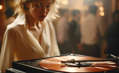 Young woman looking at LP records player with old vintage retro vinyl disc  with dancing disco party background. Analog electronics, natural sound quality and retro style life concept. - obrazy, fototapety, plakaty