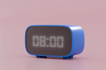 3D Minimal Blue clock icon digital telling time Pointer 8 o'clock on isolated pink pastel background, 3d Minimal cartoon style creative concept. digital future alarm clock. 3d rendering illustration.