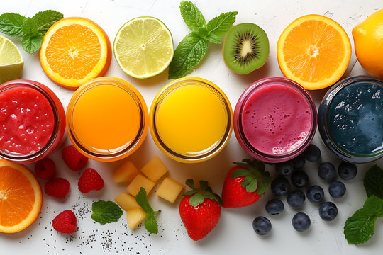 A colorful assortment of fresh fruits blended into a delicious and nutritious smoothie, bursting with flavor and vitality.