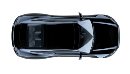 Modern black car sedan above top drone view isolated on white transparent background, png
