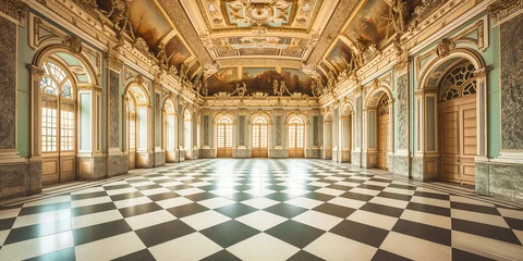 Fotobehang gold marble interior of the royal golden palace.  castle interior with checkered floor. Luxurious palace royal interior © Viks_jin