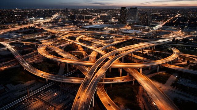 Beautiful night interchange fast traffic aerial drone shot during picturesque sunset evening light. Never ending  car moving, architecture and transportation industry concept image.