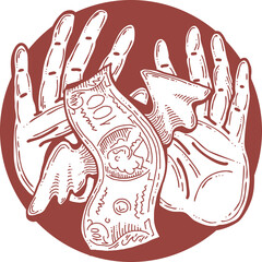 Big dollars banknotes money in your hands. Finance business, commerce, payment economy  theme for poster print, vector elements. Take or give loan. Hand drawn illustration. Cartoon style drawing.