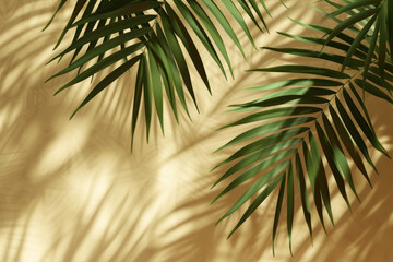 Green tropical palm tree leaves on beige background, Top view Minimal fashion summer concept. Flat lay, copy space