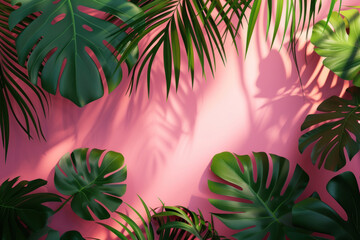 Fototapeta na wymiar Palm tree leaves and green tropical leaves on pink background, Top view Minimal fashion summer concept. Flat lay