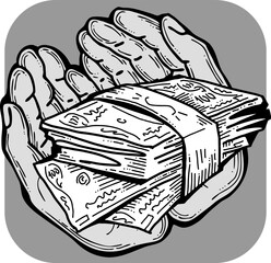 Big dollars banknotes money in your hands. Finance business, commerce, payment economy  theme for poster print, vector elements. Take or give loan. Hand drawn illustration. Cartoon style drawing.