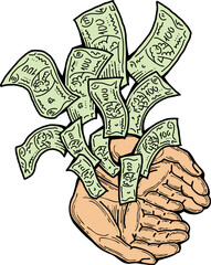 Big dollars banknotes money in your hands. Finance business, commerce, payment economy  theme for poster print, vector elements. Take or give loan. Hand drawn illustration. Cartoon style drawing.