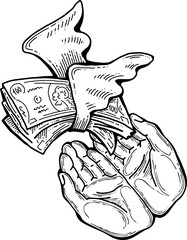 Big dollars banknotes money in your hands. Finance business, commerce, payment economy  theme for poster print, vector elements. Take or give loan. Hand drawn illustration. Cartoon style drawing.