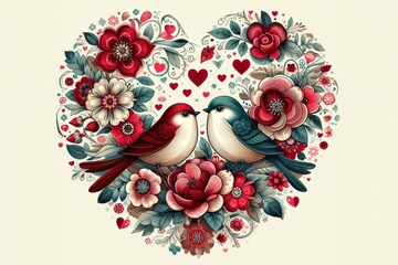 Zwei Vögel in einem Herz aus floralen Elementen, generative KI 
